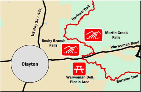 Becky Branch and Martin Creek Falls Waterfalls Map