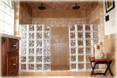 Fully tiled shower with clear tile blocks