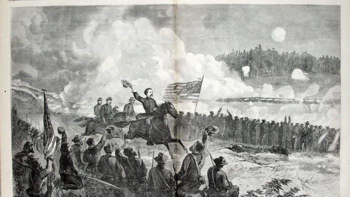 1864 engraving of General John A. Logan at the Battle of Dallas