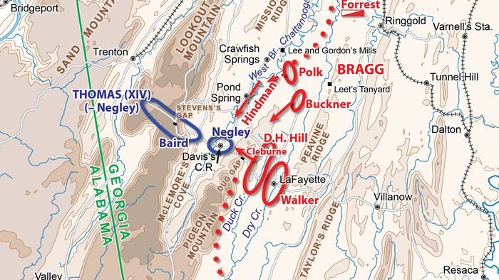 Troop movement map of the Chickamauga Campaign showing the action at Davis's Cross Roads